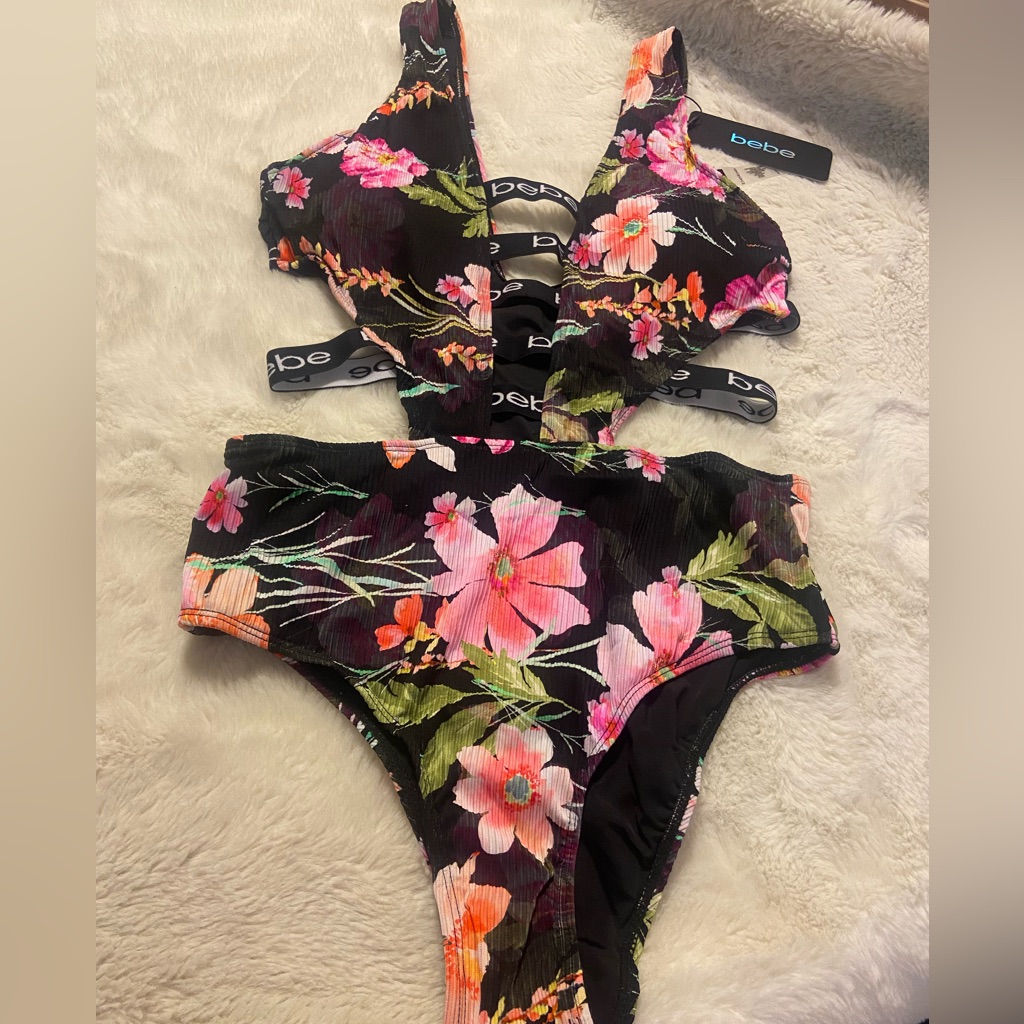 Nwt! Bebe Floral Black One Piece Swimwear Size Medium
